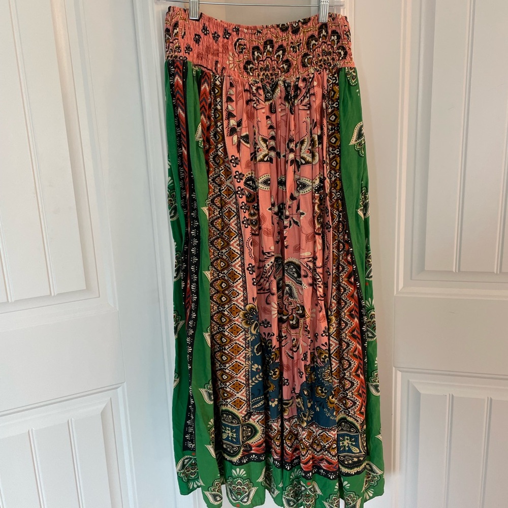 Farm Rio/Anthropologie Green and Pink Pleated Maxi Skirt